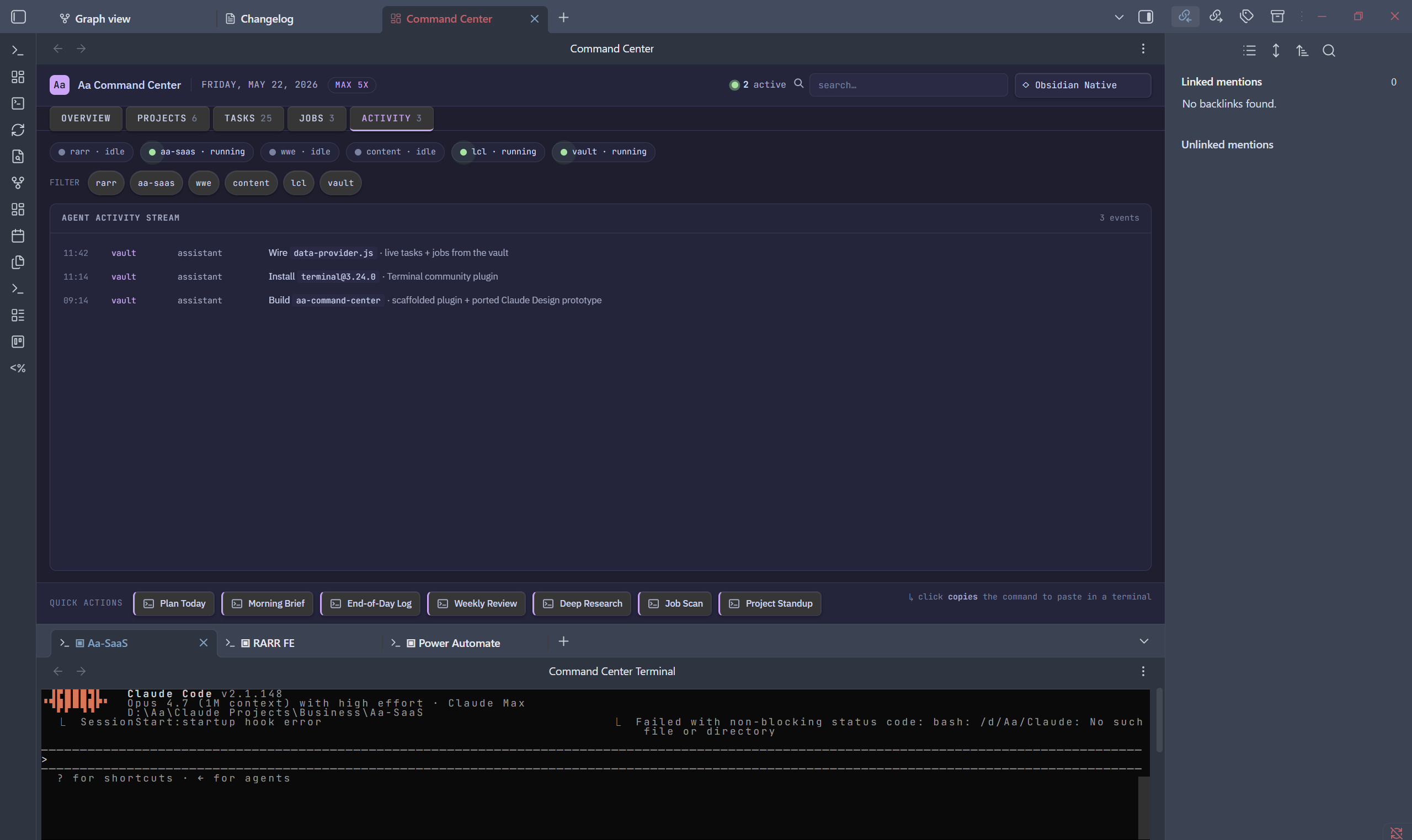 Aa Command Center — cross-project agent activity feed