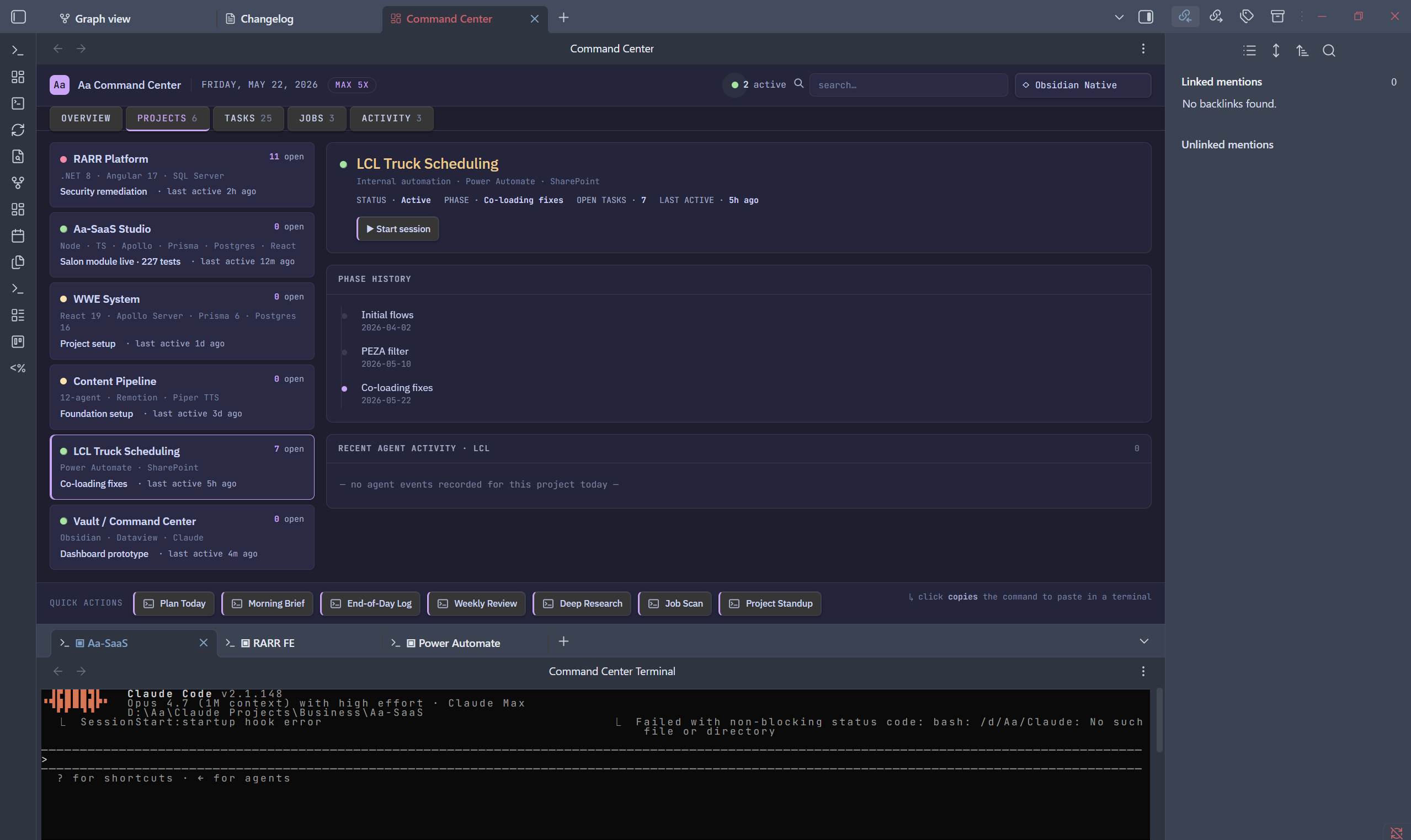 Aa Command Center — Projects view with live status and per-project activity